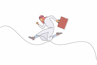 Tek sıra halinde, Arap bir adam başarısını göstermek için atlıyor. Çantayı taşıyan iş adamı beyaz arka planda noktadan noktaya atlıyor. Aralıksız çizgi çizimi tasarım grafik vektör çizimi