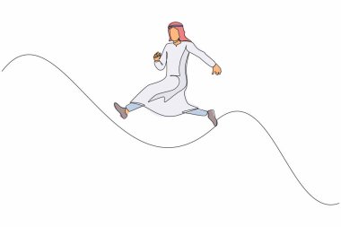 Tek sıra halinde koşan Arap işadamı. Geç kalmış iş adamı zamanında yetişmek için acele ediyor. Başarılı bir Arap iş için koşar. Bir çizgi çizimi grafik tasarım vektör çizimi