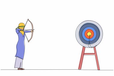 Tek sıra, gözünü bağlayan, ok tutan Arap iş kadını hedef arıyor. Hedefe vizyonsuz ulaşmaya çalışıyorum. Modern sürekli çizgi çizimi tasarım grafik vektör çizimi