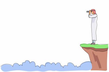 Dürbünle uçurumun kenarında duran Arap iş adamını çizen tek çizgi. İş vizyonu konsepti, liderlik, başarı, hedef. Aralıksız çizgi çizimi tasarım grafik vektör çizimi