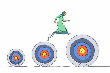 Tek sıra halinde, daha yüksek hedeflere zıplayan Arap iş kadını. Bir sonraki hedef metaforu. Planlama ve başarılı. Bir çizgi çizimi grafik tasarım vektör çizimi