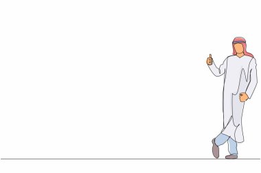 Tek sıra halinde, resmi giyinmiş heyecanlı Arap işadamları başparmak işareti gösterip duvara yaslanıyorlar. Anlaştık, kabul, kabul, kabul. Bir çizgi grafik tasarım vektörü