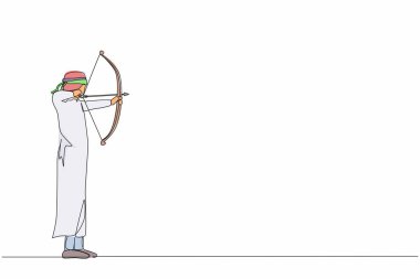 Gözü kapalı bir Arap işadamının ok attığı tek sıra. Hedef ıskaladı. İş adamı gözünü bağlayarak hedefi vurmaya çalışıyor. Dinamik bir çizgi çizer grafik tasarım vektörü çizer