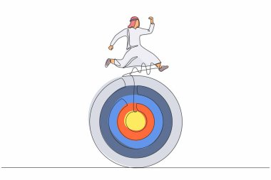 Tek sıra halinde Arap işadamı hedefleri doğrultusunda ilerliyor. Hedefe doğru koşan adam. İş rekabetinden başarıya. Pazarlama kariyeri. Aralıksız çizgi çizimi tasarım grafik vektör çizimi