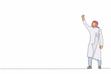 Tek sıra çizen Arap işadamı, başının üstüne sıkılmış yumruklarıyla başarısını kutluyor. Başarı ve vizyon kavramı. Devamlı çizgi çizimi tasarım vektörü illüstrasyonu