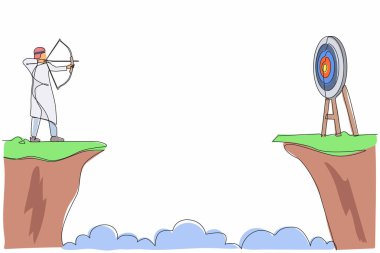 Elinde okçuyla uçurumun kenarında duran tek sıra Arap işadamını çekiyor. İş hedefi hedefleri. Başarılı olmaya zorlanan adam. Hedefi ok ve yayla vuruyoruz. Bir çizgi grafik tasarım vektörü