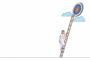 Sürekli bir çizgi çizerek hedefe doğru merdiven çekiyor. Arap işadamı hedefin tepesine çıkıyor. İş konsepti. Hedefe ulaşılıyor. Merdiven gökyüzü. Nişan alma stratejisi. Tek çizgi çizme grafik tasarım vektörü