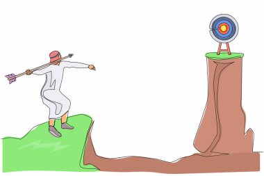 Uçurumun tepesinde dikilen Arap işadamı, büyük okla dart tahtasını hedef alıyor. Cliff 'e nişan alan adam. Başarı iş metaforu. Tek çizgi çizimi tasarım vektörü grafiği