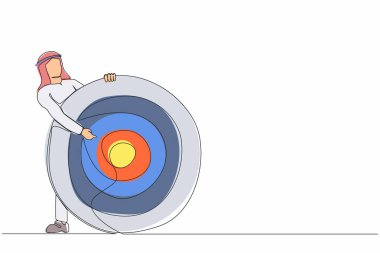 Tek sıra, Arap işadamının okçu hedefini ya da gösterge panelini hedef alması. İş hedefine odaklan, motivasyon hedefini belirle. Devamlı çizgi çizimi tasarım vektörü illüstrasyonu