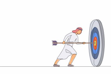 Arap işadamının sürekli çizdiği tek çizgi, elde avuçta ok, başarı hedefi. İş kavramına odaklan. Hevesli insanlar. Görev tamamlandı. Bir çizgi çizimi tasarım vektörü illüstrasyonu