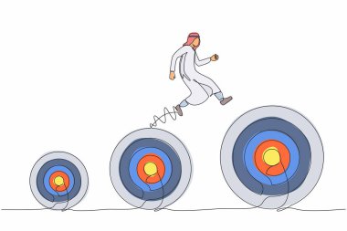 Tek sıra halinde, Arap işadamları daha yüksek hedeflere atlıyor. Sıradaki hedef iş. Planlama, başarılı. İş metaforu. Bir çizgi çizimi grafik tasarım vektör çizimi