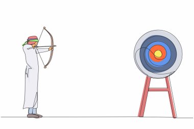 Tek sıra halinde, Arap işadamı gözlerini bağlayarak hedefi vurmaya çalışıyor. Hedefe vizyonsuz ulaşmaya çalışıyorum. Elinde yay tutan göz bağı olan adam hedef arıyor. Devamlı çizgi tasarım vektörü