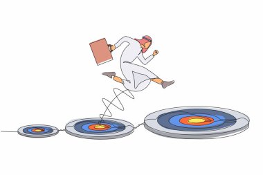 Arap işadamlarının başarılı bir şekilde daha büyük hedeflere atlamasını sağlayan tek bir hat. Kariyerinde ya da iş geliştirme konseptinde ilerleme. Heves ve motivasyon. Bir çizgi çizimi grafik tasarım vektörü