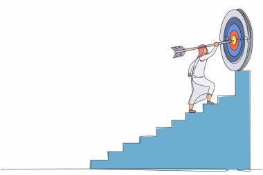 Amaçlarına ulaşmak için hedeflerine doğru koşan tek bir aralıksız çizgili Arap işadamı, merdivenlerden, başarı basamaklarından geçiyor. Bir çizgi çizimi tasarım vektörü illüstrasyonu
