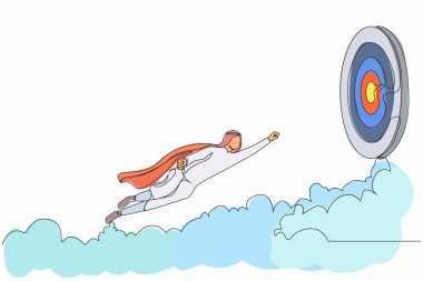 Tek sıra halinde, pelerinli süper kahraman Arap işadamı hedefe doğru uçuyor. İş başarısı, liderlik, profesyonellik, hedef başarısı. Devamlı çizgi tasarımı grafik vektör illüstrasyonu