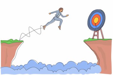 Hedefe ulaşmak için iş kadınını uçurumdan atlamaya zorlayan bir çizgi. Başarı risk alırken hareket eder. Girişimci sorunları, motivasyon, kişisel gelişim. Tek çizgi tasarım vektörü grafiği