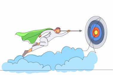 Başarıya ulaşmak için okla ileri uçan süper kahraman Arap işadamlarının çizdiği tek çizgi devam ediyor. Güç liderliği hırsı ve başarı. Tek çizgi tasarım vektör grafik çizimi