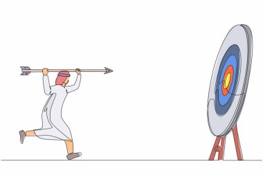 Hırslı Arap işadamının hedefine büyük bir ok attığı bir satır devam ediyor. Gol başarı konsepti. İş amacı, hedef, strateji başarı konsepti. Tek çizgi çizimi tasarım vektörü grafiği