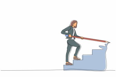 Genç iş kadınının çizdiği tek çizgi, merdivenleri çıkmak ve merdivenleri çıkmak için kocaman bir kalem kullanıyor. Strateji iş hedefine ulaşır, kariyer yolunda ilerler. Devamlı çizgi tasarım vektörü