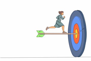 Hırslı iş kadınlarını tek sıra halinde dartla tam on ikiden vuruyor. Hedefe ulaşıldı. İş metaforu. Başarılı iş konsepti. Bir çizgi çizimi grafik tasarım vektör çizimi