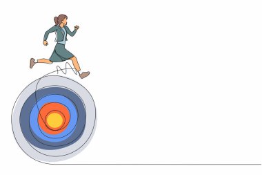 İşkadını hedefleri doğrultusunda ilerlemeye devam ediyor. Hedefe doğru koşan bir iş kadını. İş rekabetinden başarıya. Pazarlama kariyeri. Tek çizgi tasarım vektör grafik çizimi