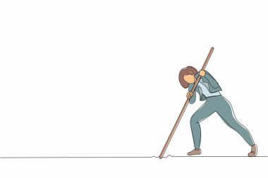 Aralıksız tek satır halinde sevimli iş kadını Mark 'ı okla çiziyor. Elinde ok olan bir kadın, hedefi yerde vuruyor. Hedefe ulaşılıyor. Pazarlama hedef stratejisine odaklan. Tek çizgi tasarım vektör çizimi