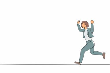 Sürekli bir çizgi halinde iş kadını koşturuyor. İş konsepti. Mutlu jest işçisi. Spor ceketli başarılı bir kadın iş için koşuyor. İş adamları. Tek çizgi çizimi tasarım vektörü grafik çizimi