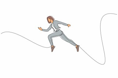 Tek sıra halinde koşan sevimli iş kadını. Geç kalmış iş adamı zamanında yetişmek için acele ediyor. Spor ceketli başarılı bir kadın iş için koşuyor. Bir çizgi çizimi tasarım vektörü illüstrasyonu