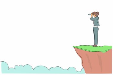 Dürbünle tepede duran iş kadınını çeken tek sıra. İş vizyonu konsepti, liderlik, başarı, hedef. Dinamik bir çizgi çizer grafik tasarım vektörü çizer