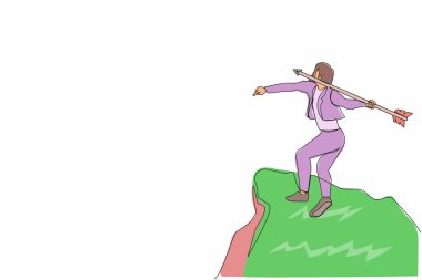 Devamlı bir çizgi, hedefine ulaşmak için yükselen oku atan güçlü bir iş kadınını kendine çekiyor. İş büyümesi, başarı, gelişme konsepti. Tek çizgi çizimi tasarım vektörü grafik çizimi