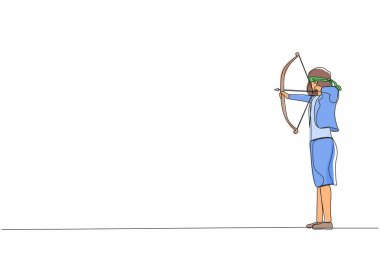 Tek sıra gözü bağlı bir iş kadını ok atıyor. Hedefi ıskaladın. İş kadını gözünü bağlayarak hedefi vurmaya çalışıyor. Modern sürekli çizgi çizimi tasarım grafik vektör çizimi
