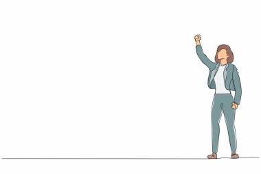 Tek sıra halinde, iş kadını yöneticileri onun başarısını kutluyor ve kafasının üstüne sıkılmış yumruklarla el kaldırıyor. Başarı ve vizyon kavramı. Dinamik bir çizgi grafik tasarım vektörü