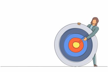 Okçu hedefini ya da torpido gözünü hedefleyen iş kadını çizmeye devam et. İş hedefine odaklan, motivasyon hedefini belirle. Tek çizgi tasarım vektör grafik çizimi
