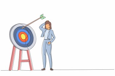 Genç ve hırslı iş kadını okunun hedefi ıskaladığı bir satır devam ediyor. Okçuluk hedefi başarısız oldu. İş sorunu metaforu. Tek çizgi çizimi tasarım vektörü grafik çizimi