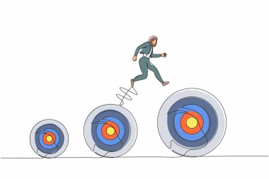 Tek sıra halinde iş kadını kariyer hedeflerini yükseltiyor. Bir sonraki hedef iş. Planlama ve başarılı. İş metaforu. Dinamik bir çizgi grafik tasarım vektörü