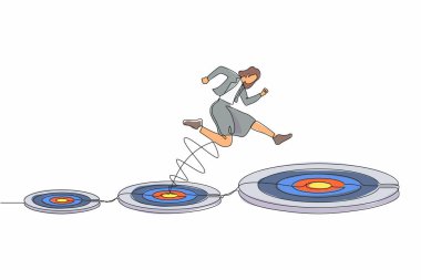 Tek sıra halinde, iş kadını başarılı bir şekilde daha büyük bir hedefe atlıyor. Kariyerinde ya da iş geliştirme konseptinde ilerleme. Heves ve motivasyon. Devamlı çizgi çizimi grafik vektörü