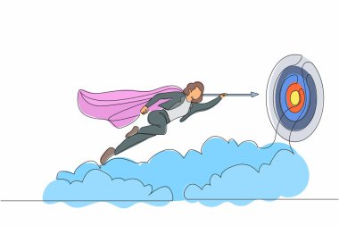 Başarıya ulaşmak için okla ileri uçan süper kahraman iş kadınlarını çeken tek çizgi. Güç liderliği hırsı ve başarı. Bir çizgi çizimi grafik tasarım vektör çizimi