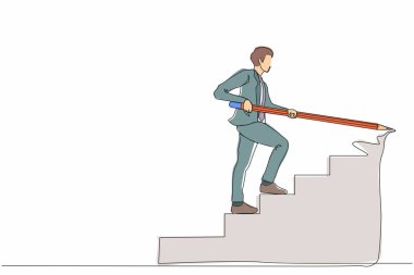 Genç iş adamının sürekli çizdiği tek çizgi, merdivenleri çıkmak ve merdivenleri çıkmak için kocaman bir kalem kullanıyor. Strateji iş hedefine ulaşır, kariyer yolunda ilerler. Bir çizgi çizme tasarım vektörü