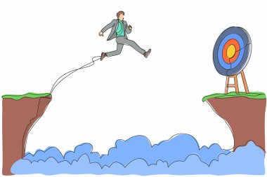 Tek sıra halinde iş adamı hedefine ulaşmak için uçurumdan atlıyor. Başarı risk alırken hareket eder. Girişimci sorunları, motivasyon, kişisel gelişim. Bir çizgi çizimi grafik tasarım vektörü