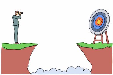 Tek sıra halinde, elinde dürbünle kayalıklarda duran bir iş adamı. İş hedefi kavramı. İşadamı başarıya odaklanıyor. Aralıksız çizgi çizimi tasarım grafik vektör çizimi