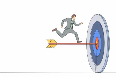 Devamlı bir çizgi, genç işadamını dartla hedef alıyor. Hedefe ulaşıldı. İş metaforu. Başarılı iş konsepti. Tek çizgi çizimi tasarım vektörü grafik çizimi