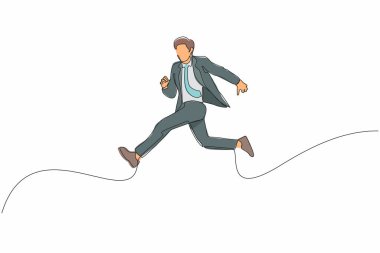 El sallayan kravatla hızlı koşan işadamını çeken tek sıra. Geç kalmış iş adamı zamanında yetişmek için acele ediyor. Takım elbiseli başarılı bir adam iş için koşar. Devamlı çizgi tasarım vektörü grafiği