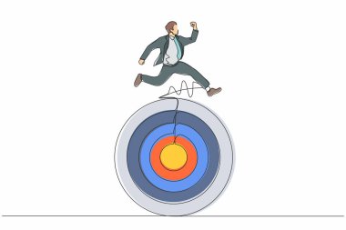 Sürekli bir çizgi halinde işadamı hedefleri doğrultusunda ilerlemeye devam ediyor. İş adamı hedefte koşuyor. İş rekabetinden başarıya. Pazarlama kariyeri. Tek çizgi çizimi tasarım vektörü grafik çizimi