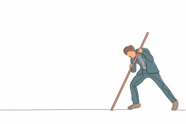 Tek sıra halinde ok ile işadamı işareti çiziyor. Oku tutan adam, hedefi yerde vurdu. Amaçlara ulaşmak. Pazarlama hedef stratejisine odaklan. Devamlı çizgi tasarımı grafik vektör illüstrasyonu