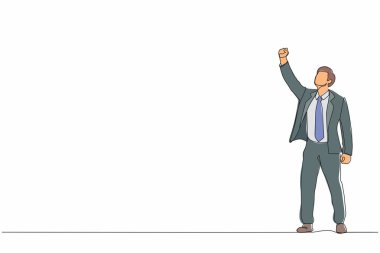 Tek sıra halinde, genç işadamı başarısını kutluyor ve kafasının üstüne sıkılmış yumruklarla el kaldırıyor. Başarı ve vizyon kavramı. Tek çizgi çizimi tasarım vektör llüstrasyonu