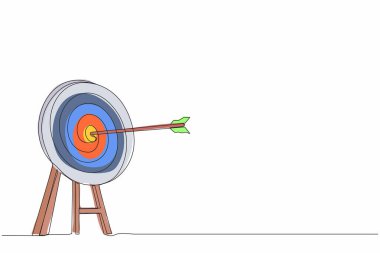 Aralıksız tek çizgi, okçuluk hedef halkası çiziyor ve oklar hedefi vuruyor. Dartboard tripodun üzerinde. Hedefe ulaşılıyor. İş başarısı stratejisi sembolü. Bir çizgi çizimi grafik tasarım vektör çizimi