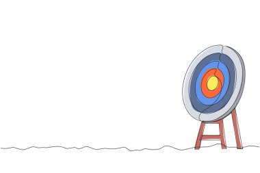 Tek çizgi, okçuluk hedef halkası çiziyor ve oklar hedefi vurmuyor. Dartboard tripodun üzerinde. Hedefe ulaşma konsepti. İş başarısı stratejisi sembolü. Devamlı çizgi çizimi grafik vektörü