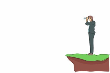 Dürbünle tepede duran iş adamını çeken tek sıra. İş vizyonu konsepti, liderlik, başarı, hedef. Dinamik bir çizgi çizer grafik tasarım vektörü çizer