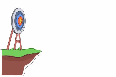 Aralıksız bir çizgi, okçuluk hedef halkası çiziyor ve oklar kayalıklara isabet etmiyor. Dartboard tripodun üzerinde. Hedefe ulaşma konsepti. İş başarısı stratejisi sembolü. Tek çizgi çizme tasarım vektörü
