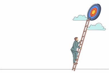 Hedefe giden merdivenleri tek sıra halinde çekin. Takım elbiseli bir işadamı hedefin tepesine çıkıyor. İş konsepti. Hedefe ulaşılıyor. Merdiven gökyüzü. Nişan alma stratejisi. Bir çizgi çizimi grafik tasarım vektörü